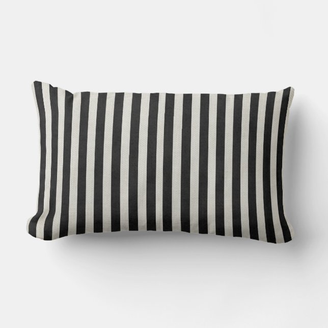 Black & White Linen Look Classic Vertical Stripe Lumbar Pillow (Front)