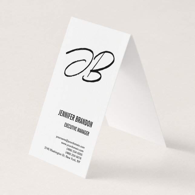 Black White Linen Monogram Minimalist Modern Plain Business Card (Front)