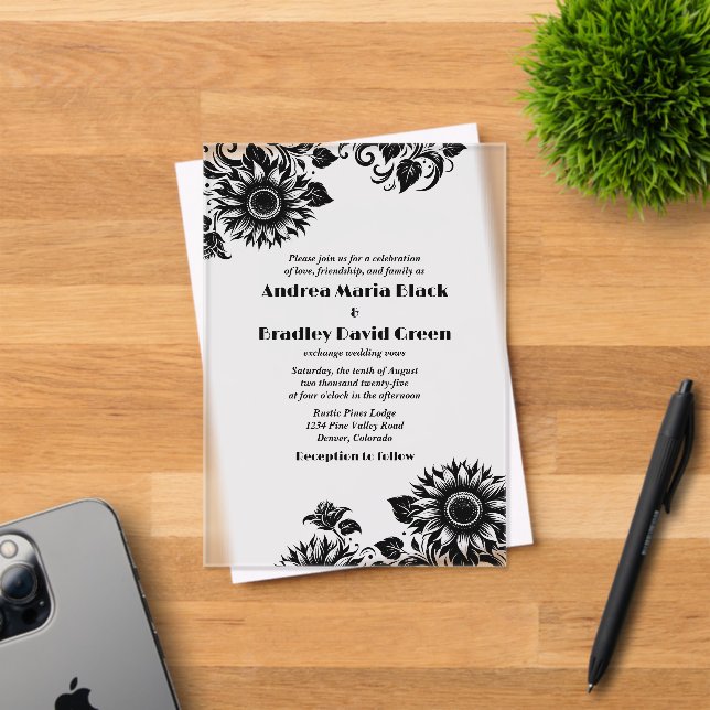 Black White Linocut Sunflower Wedding Acrylic Invitations (Insitu (Invitation Card))
