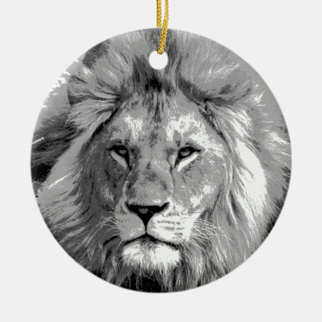 Black White Lion Ceramic Ornament (Front)
