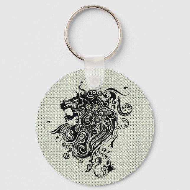 Black & White Lion Head-Tattoo Style Keychain (Front)