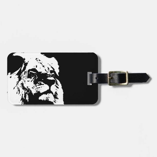 Black & white lion pop art luggage tag (Front Horizontal)