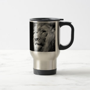 Black White Lion Portrait - Animal Photography Travel Mug
