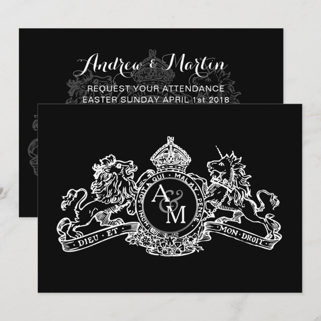 Black White Lion Unicorn Regal Emblem Wedding Invitation (Front/Back)