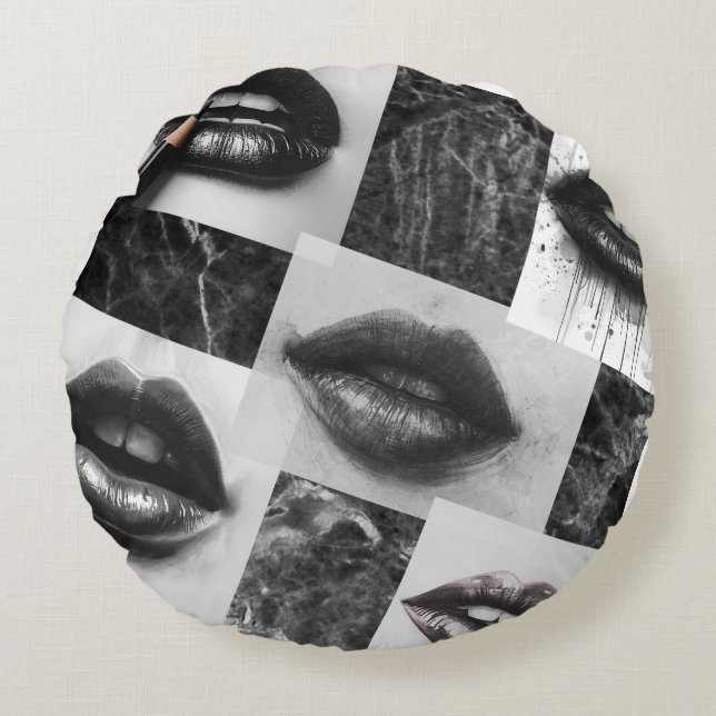 Black & White Lips Collage Round Throw Pillow (Front)