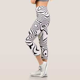 Black White liquid swirl Abstract Design Capri Leggings
