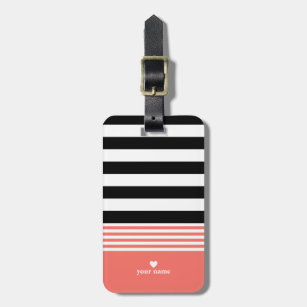 Black, White & Living Coral Striped Personalized Luggage Tag