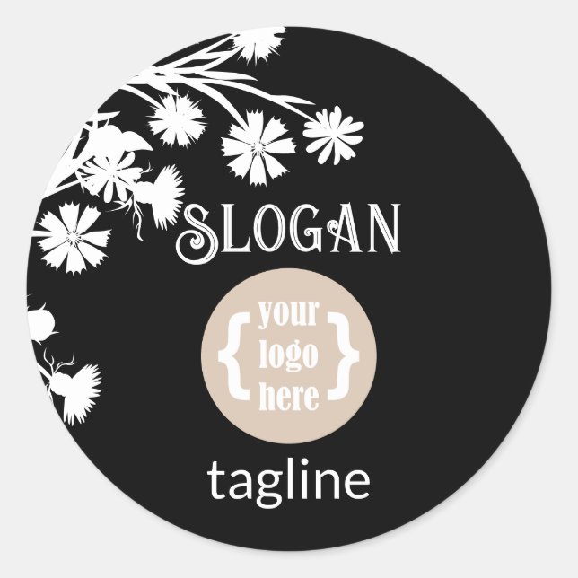 Black White Logo & Flowers Favour Classic Round Sticker (Front)