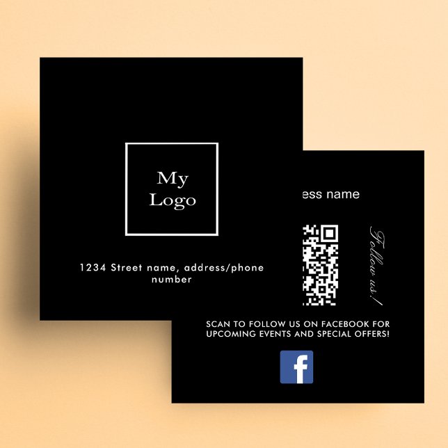 Black white logo QR code Facebook follow us Square Business Card (Creator Uploaded)