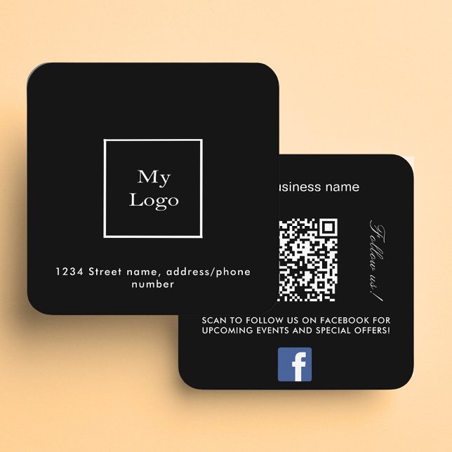 Black white logo QR code Facebook follow us Square Business Card (Creator Uploaded)