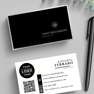 Black White Logo QR Code Silver Border Bakery Business Card
