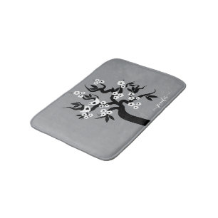 Black, white love birds cherry tree, blossoms grey bath mat