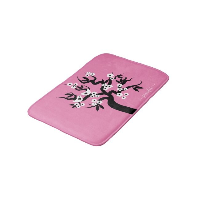 Black, white love birds cherry tree, blossoms pink bath mat (Angled)