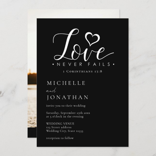 Black White Love Never Fails Bible Photo Wedding Invitation (Front/Back)