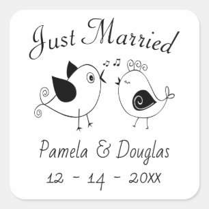 Black White Lovebirds Just Married Wedding Birds Square Sticker