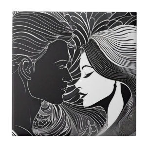 Black & White Lovers Romantic Embrace Silhouettes Tile