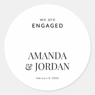Black & White Luxe Minimalist Engagement Classic Round Sticker