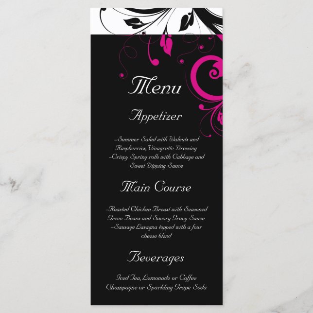 Black + White Magenta Reverse Swirl Wedding Menu (Front)