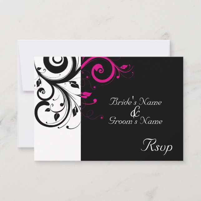 Black/White Magenta Swirl Wedding Small RSVP Card (Front)