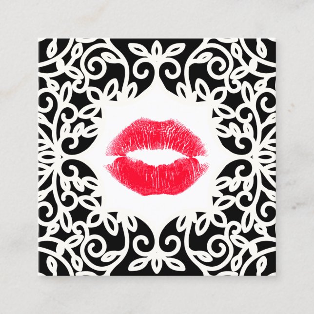 Black White Makeup Artist Kissing Red Lips Square Square Business Card (Front)
