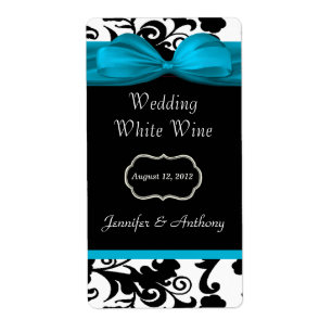 Black, White & Malibu Blue Damask Mini Wine Labels