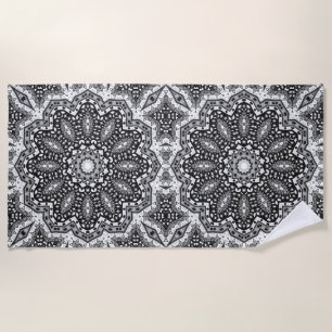 Black white mandala, kaleidoscope, round ornament beach towel