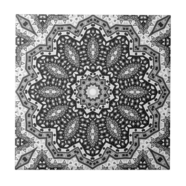 Black white mandala, kaleidoscope, round ornament tile (Front)