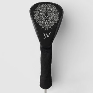 Black & White Mandala Lion Head Monogram Initial  Golf Head Cover