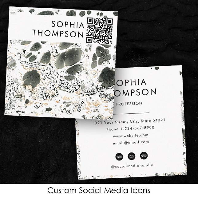 Black & White Marble Abstract QR Code Social Media Square Business Card (Black & White Marble Abstract QR Code Social Media Square Business Card)