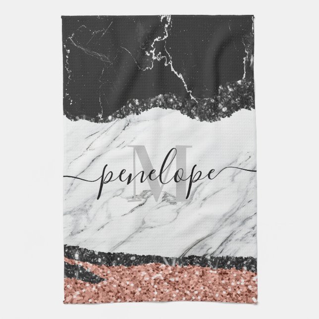 Black White Marble and Glitter Kitchen Towel (Vertical)