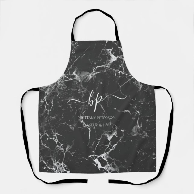 Black White Marble Business Staff Uniform Monogram Apron (Front)