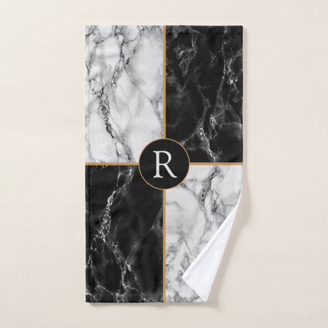 Black White Marble Custom Letter Bath Towel Set (Hand Towel)
