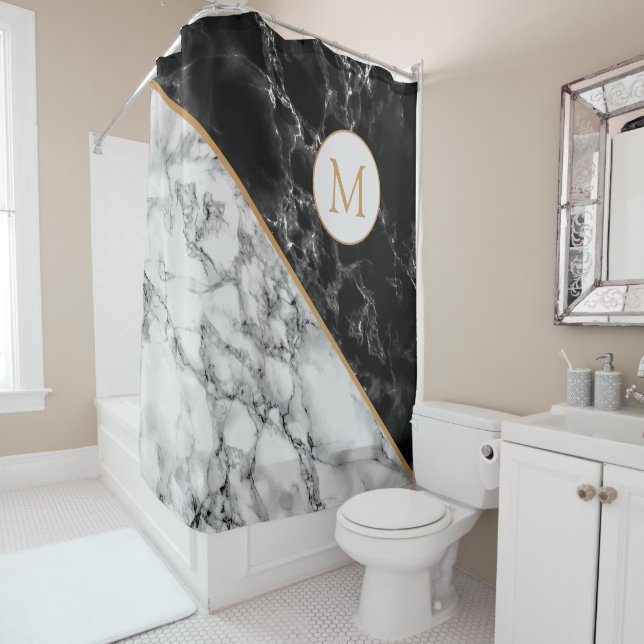 Black White Marble Custom Letter Shower Curtain (In Situ)