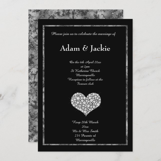 BLACK WHITE MARBLE DIAMOND HEART WEDDING INVITATION (Front/Back)
