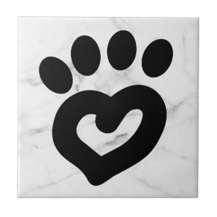 Black & White Marble Dog Heart Paw Print Design Tile