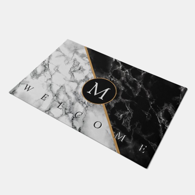Black White Marble Doormat with Custom Letter (Angled)