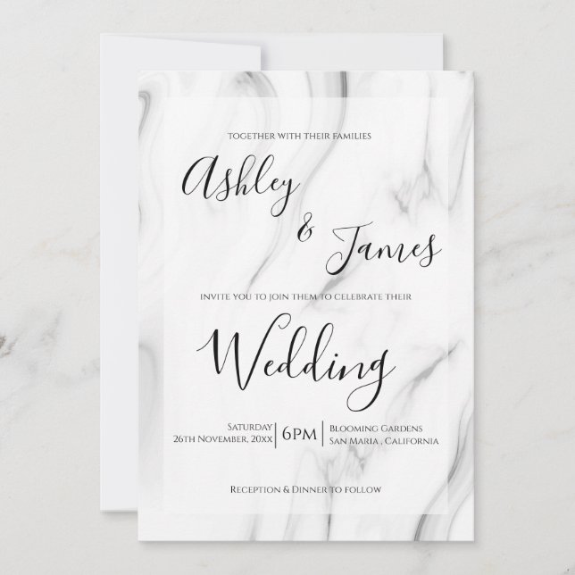 Black White Marble Elegant Script Wedding Invite (Front)