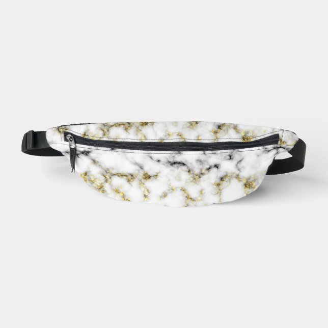 Black white marble gold faux sparkle bling fanny pack (Front)