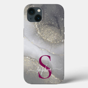black & white marble gold glitter monogram iPhone 13 case