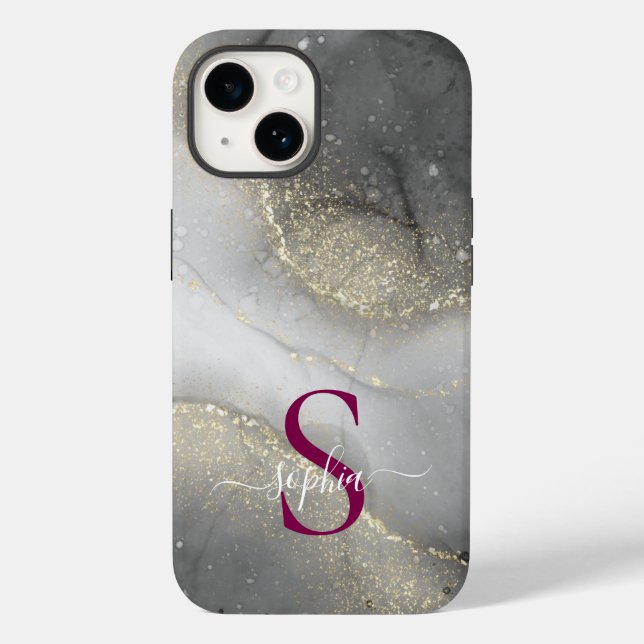 black & white marble gold glitter monogram Case-Mate iPhone case (Back)