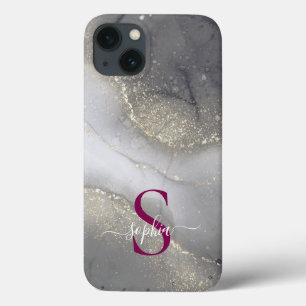 black & white marble gold glitter monogram iPhone 13 case