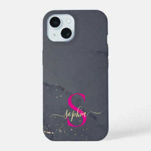 black & white marble gold glitter monogram iPhone 15 case