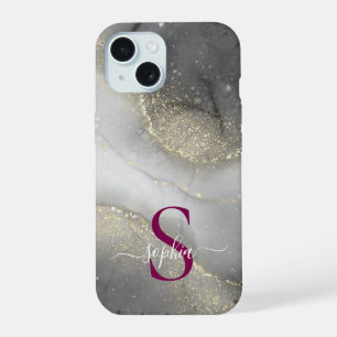 black & white marble gold glitter monogram iPhone 15 case