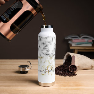 Black white marble gold sparkle Custom Monogram Water Bottle