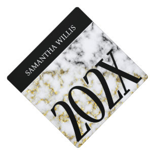 Black white marble gold sparkle Custom name Class Graduation Cap Topper