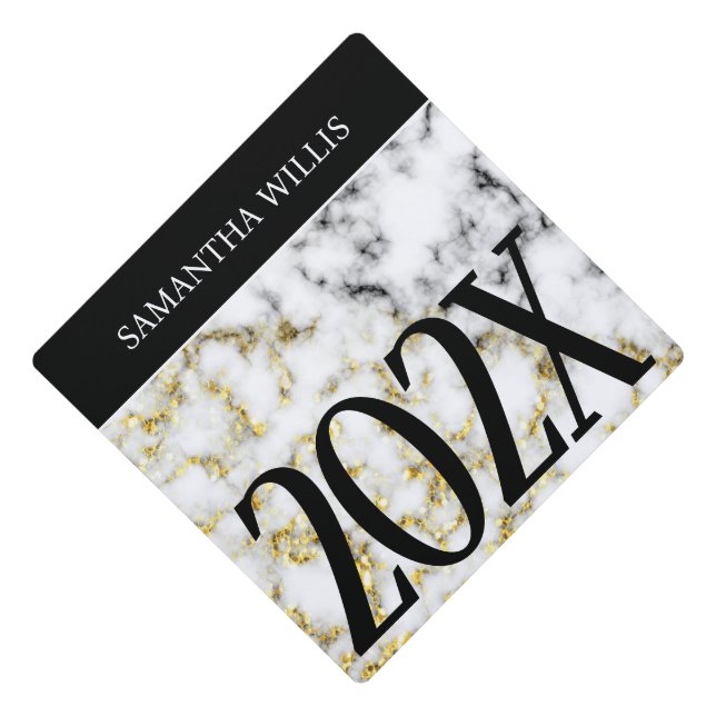 Black white marble gold sparkle Custom name Class Graduation Cap Topper (Front)