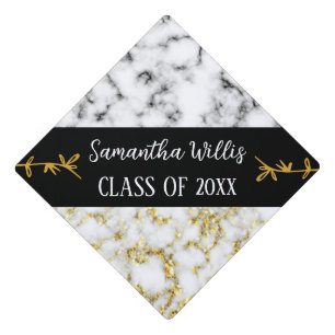 Black white marble gold sparkle Custom name Class Graduation Cap Topper