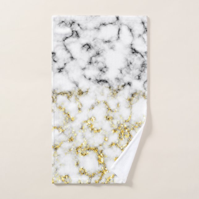 Black white marble gold sparkle flakes texture hand towel (Hand Towel)
