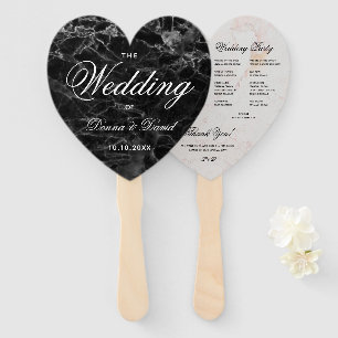 Black White Marble Heart Elegant Wedding Program  Hand Fan