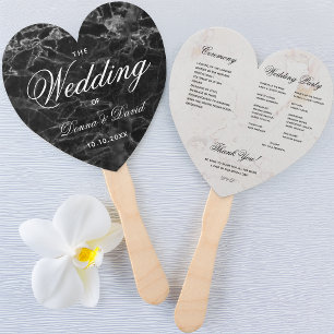 Black White Marble Heart Elegant Wedding Program Hand Fan